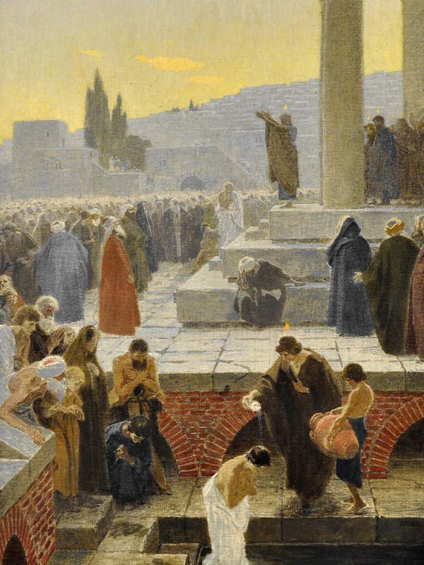painting of the apostles preaching to a crowd at Pentecost