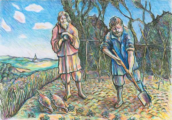 drawing of a man working in garden
